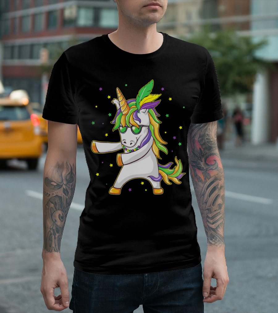 Mardi Gras Unicorn Dabbing and Flossing Colorful Festive Dance T-Shirt