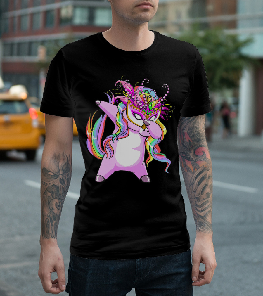 Dabbing Mardi Gras Masked Unicorn With Colorful Mane T-Shirt