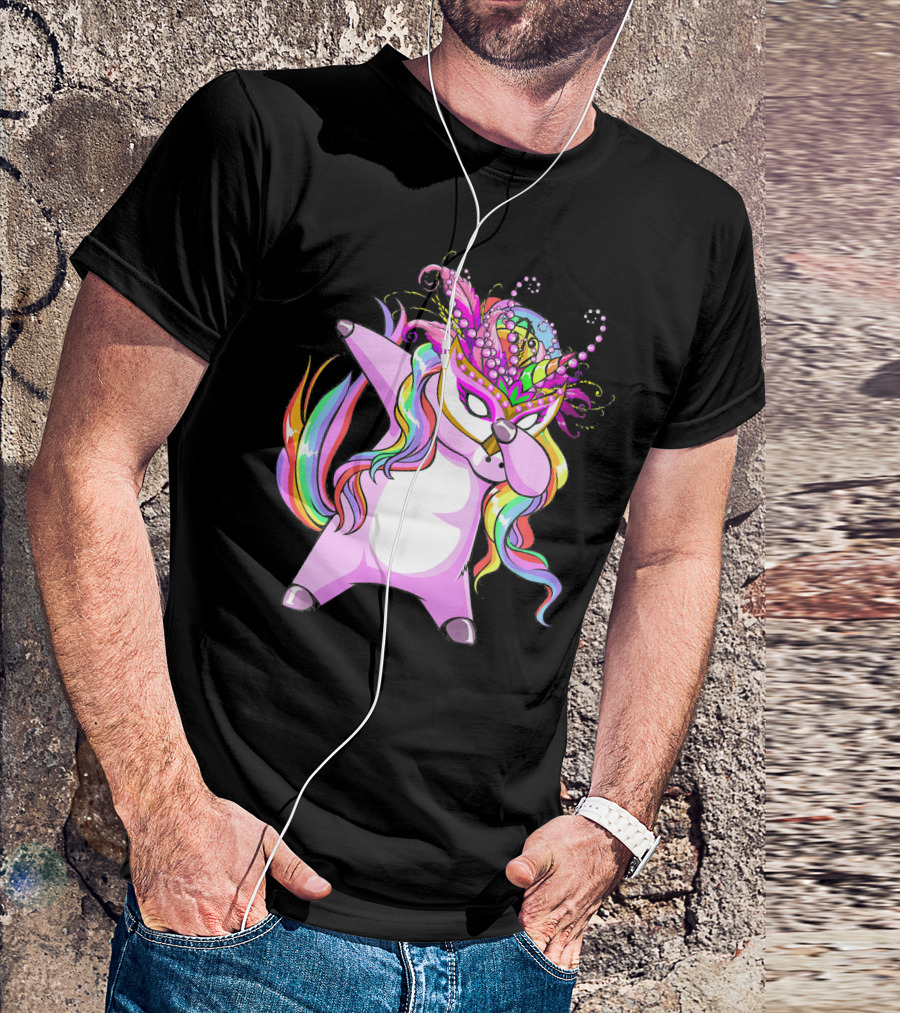Dabbing Mardi Gras Masked Unicorn With Colorful Mane T-Shirt