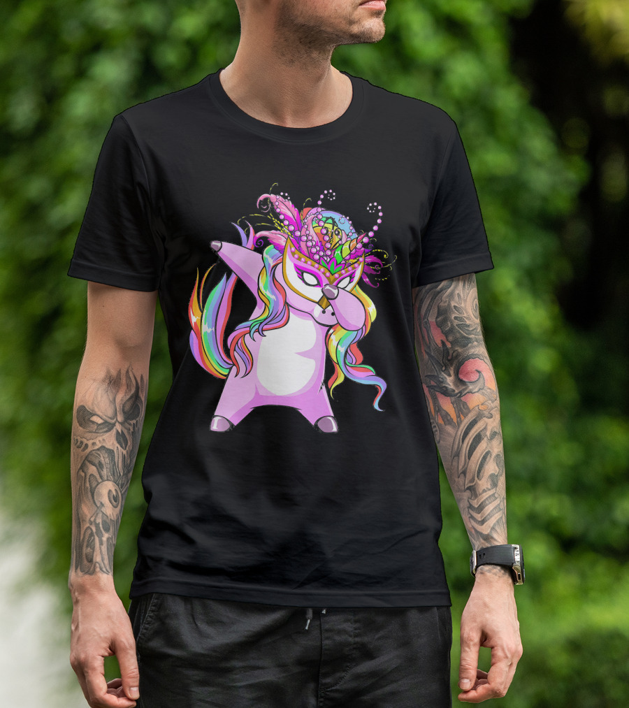 Dabbing Mardi Gras Masked Unicorn With Colorful Mane T-Shirt