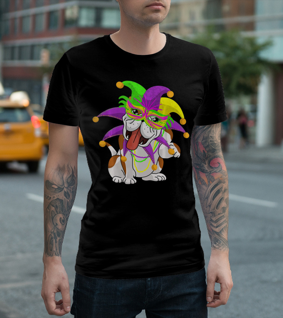 Mardi Gras English Bulldog Fat Tuesday Mask Jester Hat T-Shirt