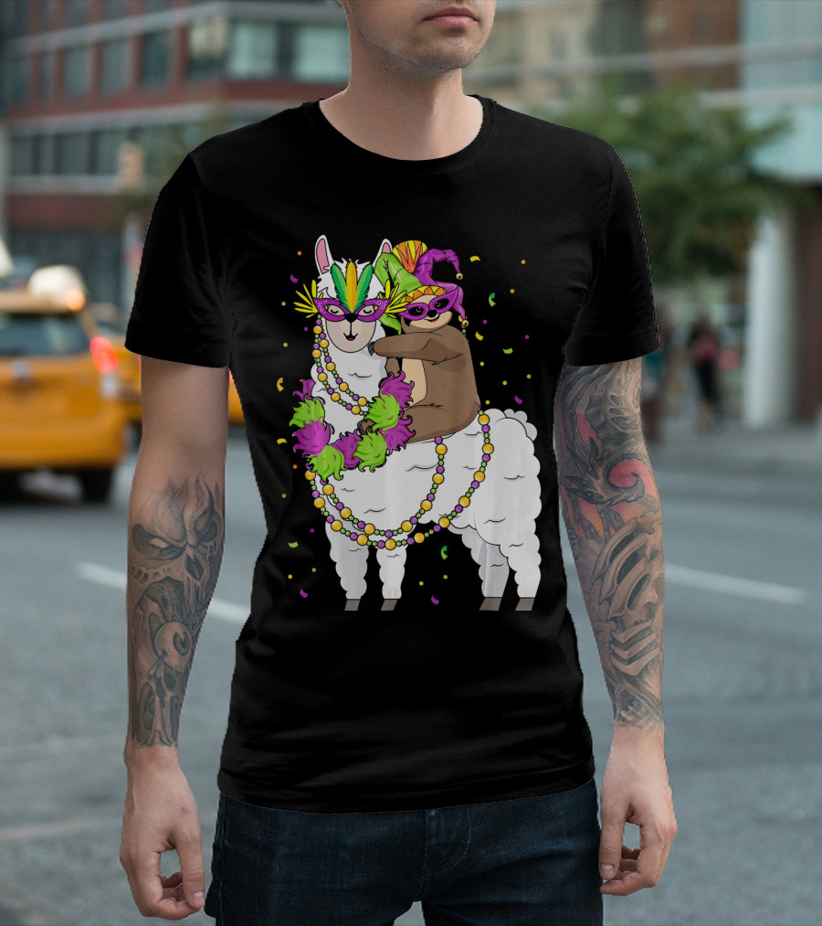 Llama Masked with Beads and Confetti Sloth Mardi Gras T-Shirt