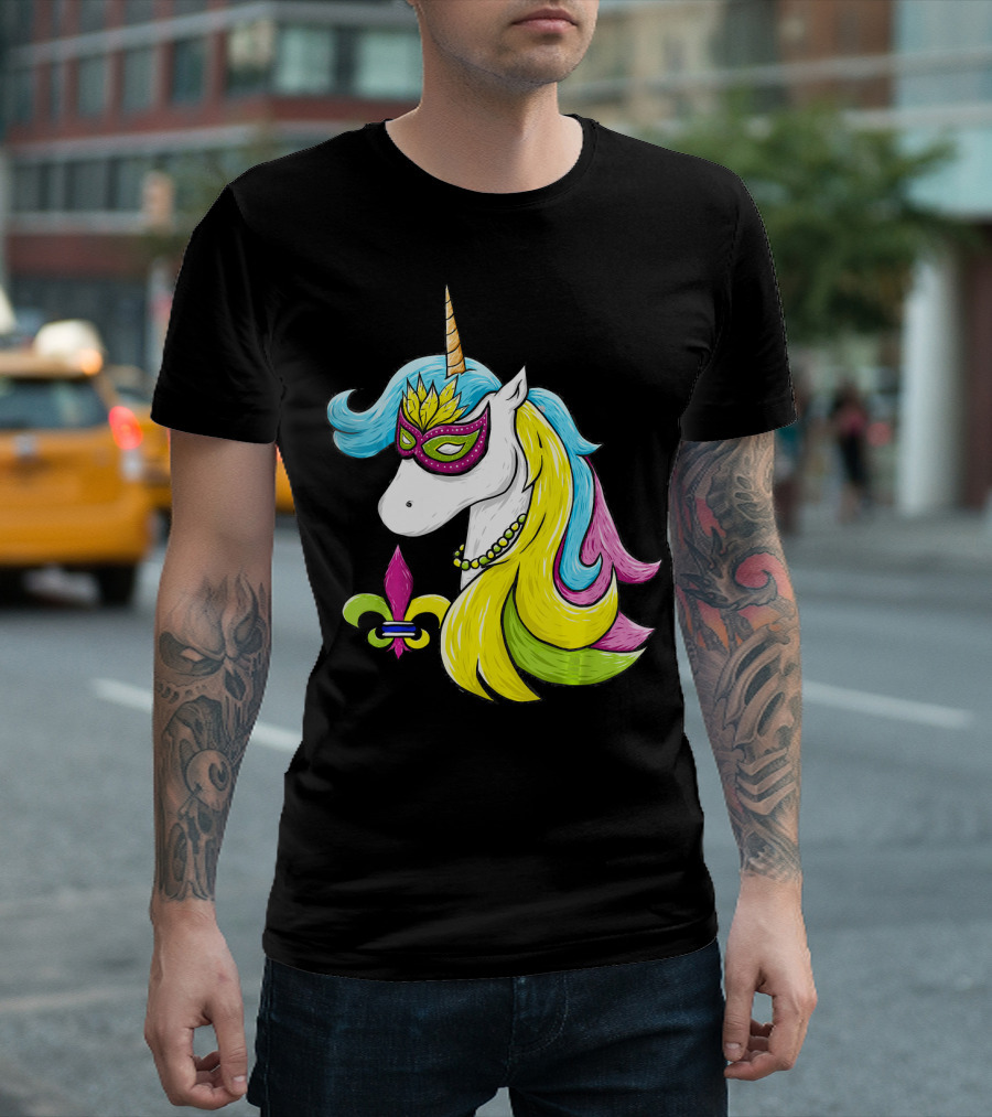 Mardi Gras Unicorn Mask with Fleur-de-Lis and Colorful Hair Fat Tuesday T-Shirt