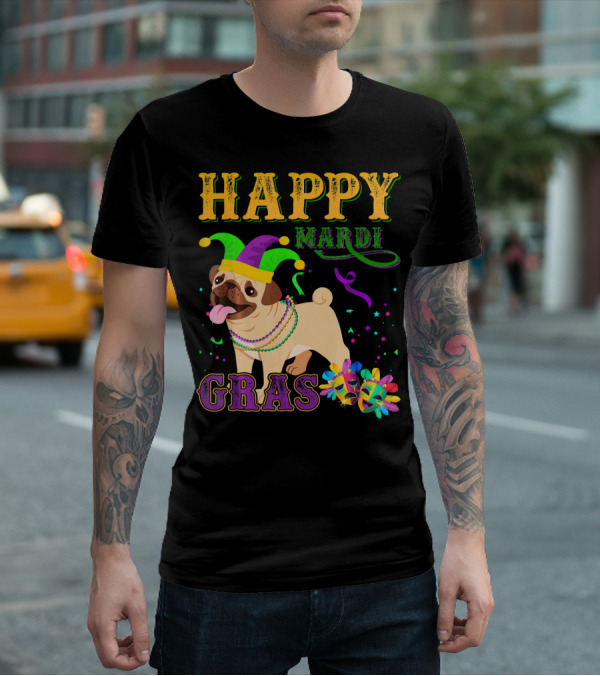 Happy Mardi Gras Pug Dog Costume Party T-Shirt