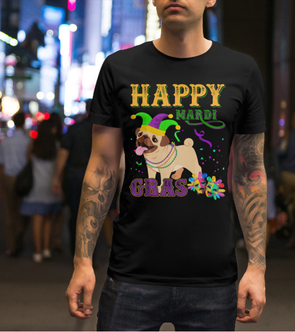 Happy Mardi Gras Pug Dog Costume Party T-Shirt