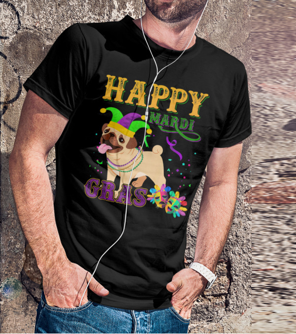 Happy Mardi Gras Pug Dog Costume Party T-Shirt