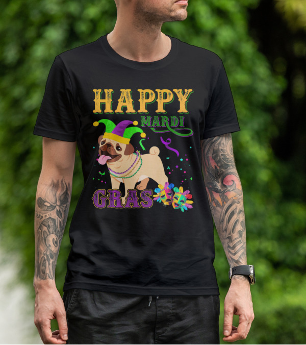 Happy Mardi Gras Pug Dog Costume Party T-Shirt