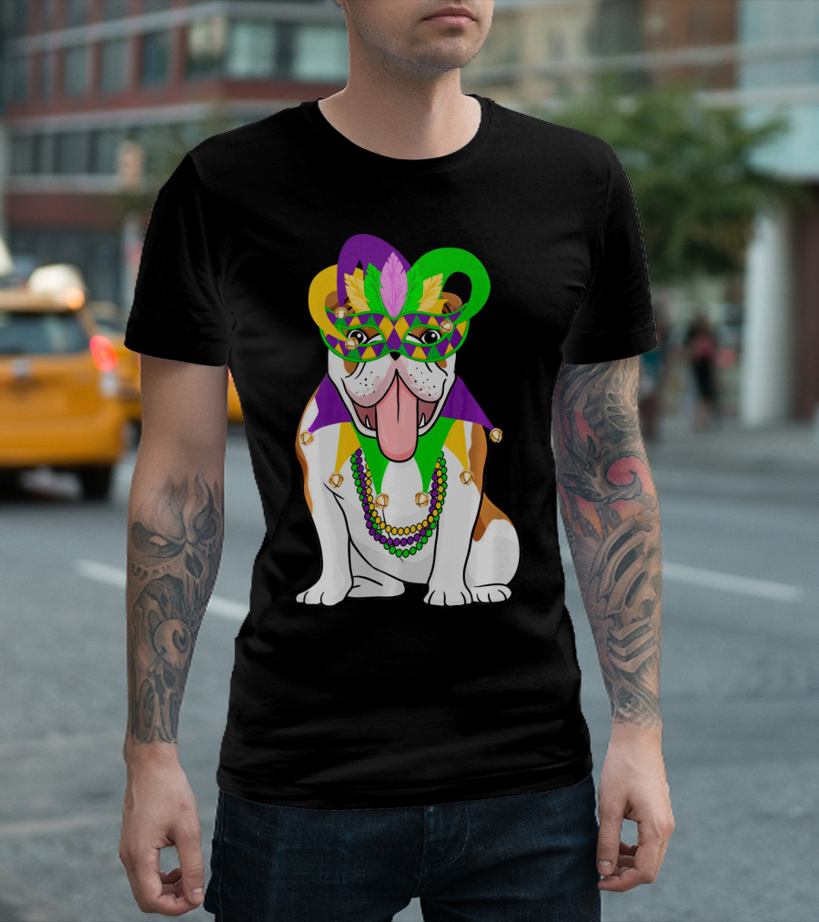 Mardi Gras English Bulldog Mask Beads Costume T-Shirt