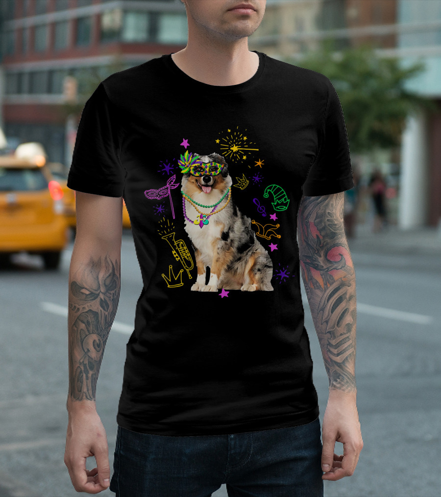 Australian Shepherd Dog with Mardi Gras Beads and Mask T-Shirt
