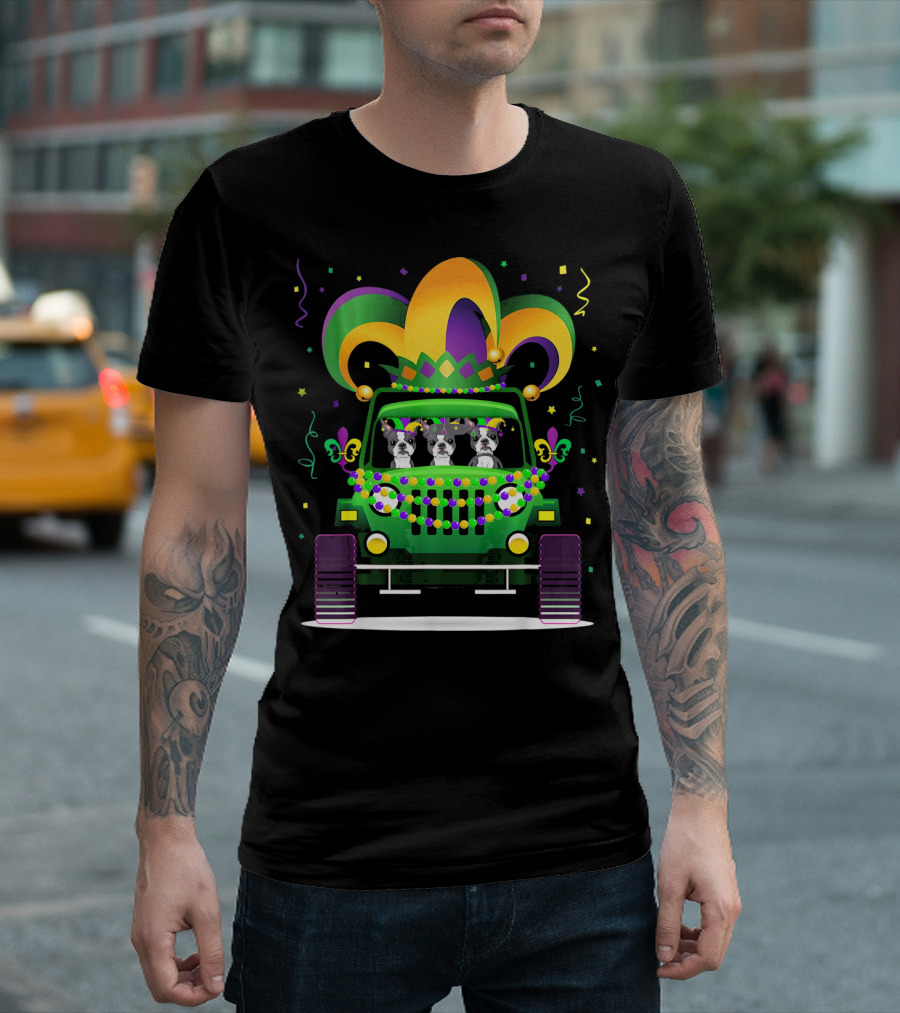 Boston Terrier Jeep Mardi Gras Festive T-Shirt