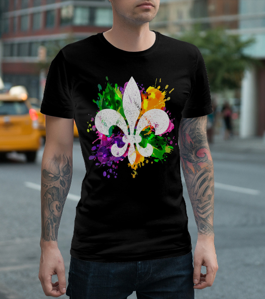 Mardi Gras Fleur de Lis Colorful Splatter Background T-Shirt