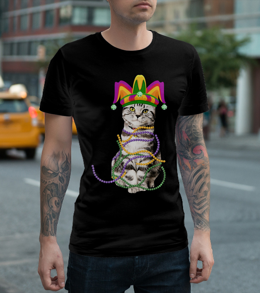 Mardi Gras Cat with Jester Hat and Beads Costume Kitte T-Shirt
