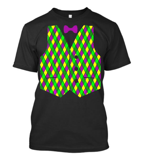 Mardi Gras Vest Harlequin Pattern Diamond Print Bowtie T-Shirt