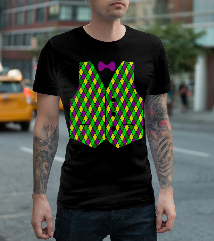 Mardi Gras Vest Harlequin Pattern Diamond Print Bowtie T-Shirt