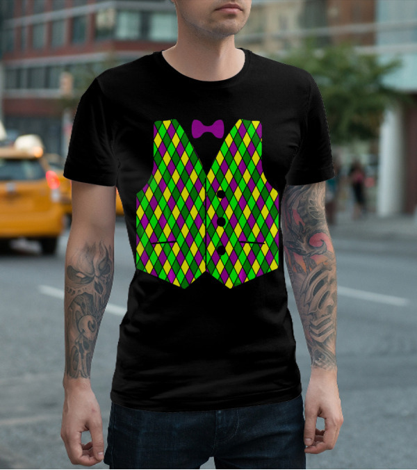 Mardi Gras Vest Harlequin Pattern Diamond Print Bowtie T-Shirt