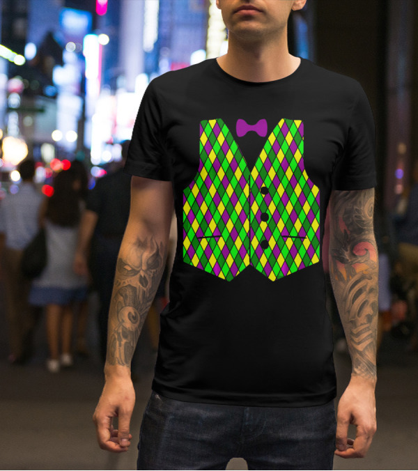 Mardi Gras Vest Harlequin Pattern Diamond Print Bowtie T-Shirt