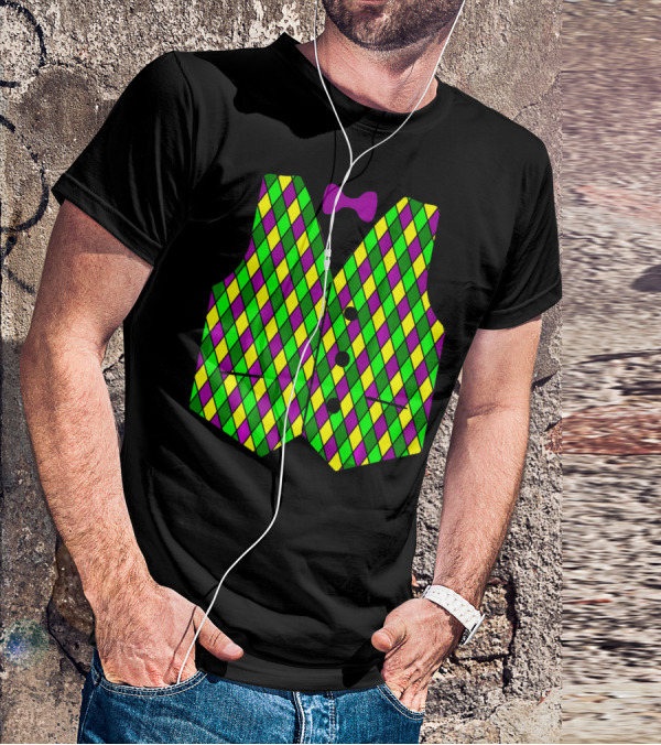 Mardi Gras Vest Harlequin Pattern Diamond Print Bowtie T-Shirt