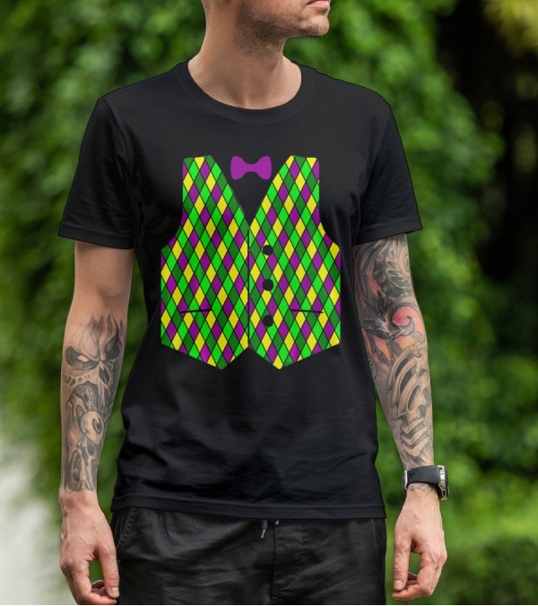 Mardi Gras Vest Harlequin Pattern Diamond Print Bowtie T-Shirt