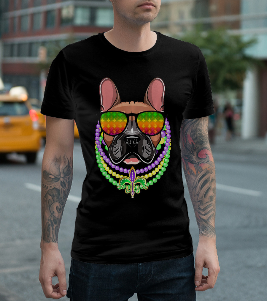 French Bulldog With Beads And Fleur-de-Lis Sunglasses For Mardi Gras T-Shirt
