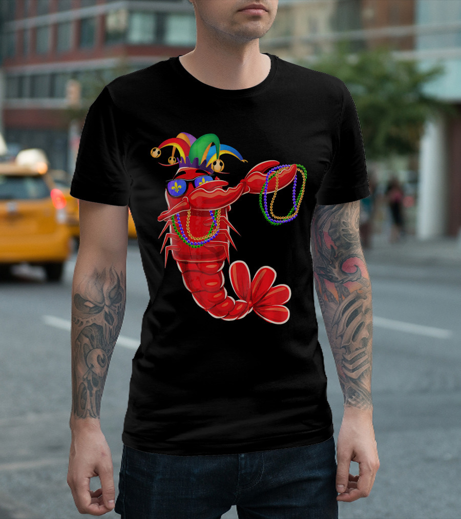 Mardi Gras Lobster Dabbing with Colorful Beads and Jester Hat T-Shirt