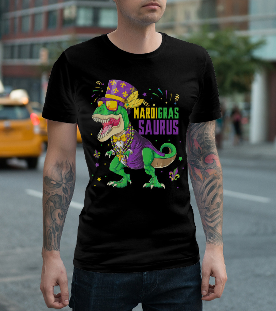 Mardi Gras Saurus T Rex Dinosaur Jester Kids T-Shirt