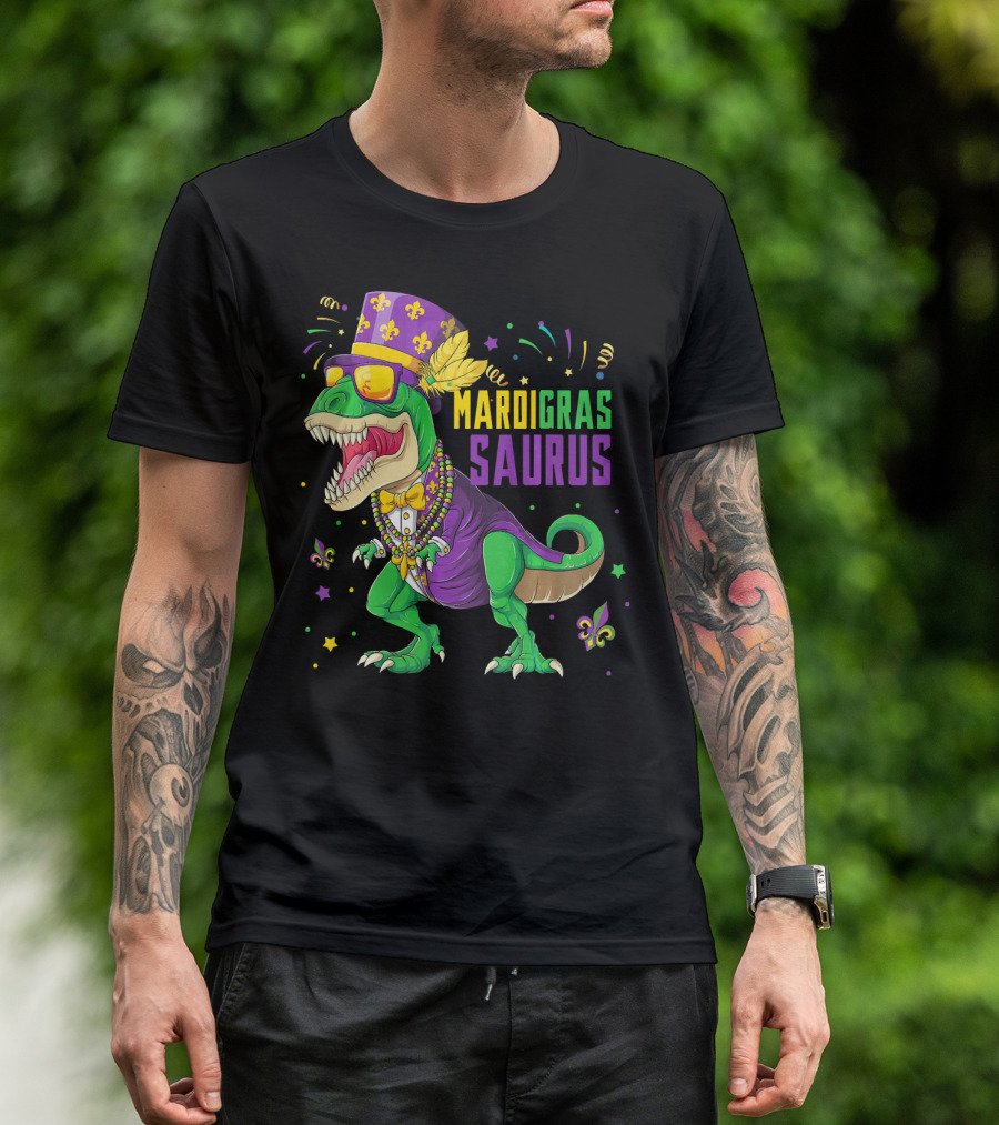 Mardi Gras Saurus T Rex Dinosaur Jester Kids T-Shirt