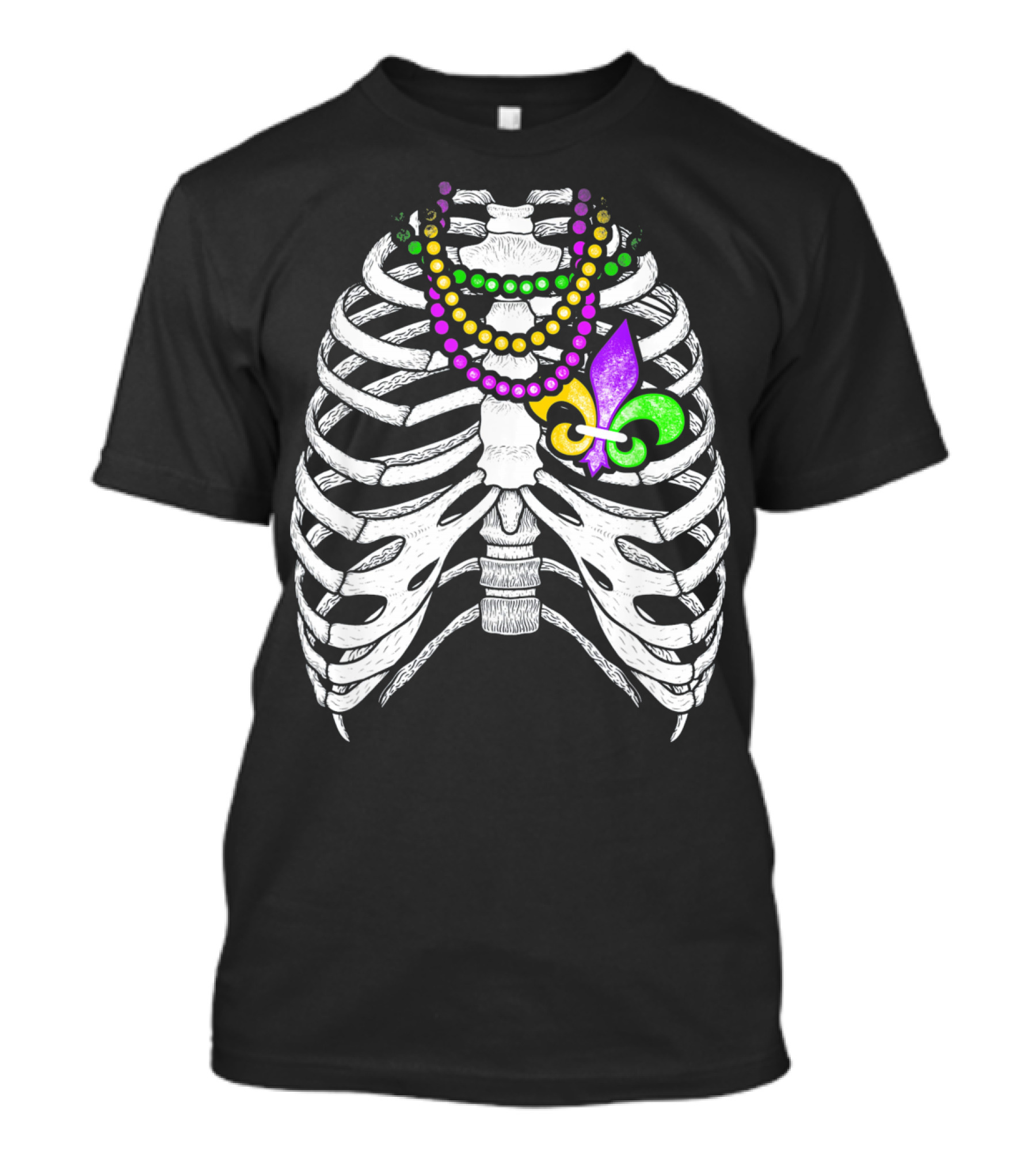 Mardi Gras Beads Skeleton Fleur De Lis Ribcage Heart T-Shirt