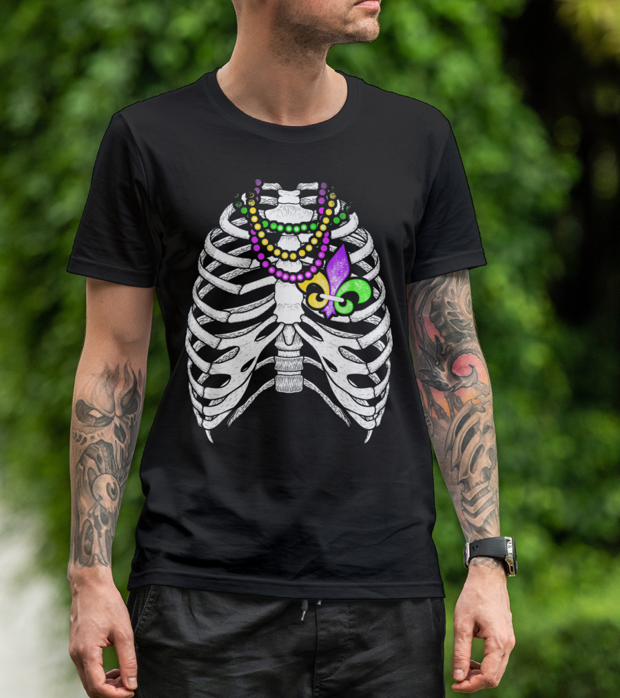 Mardi Gras Beads Skeleton Fleur De Lis Ribcage Heart T-Shirt