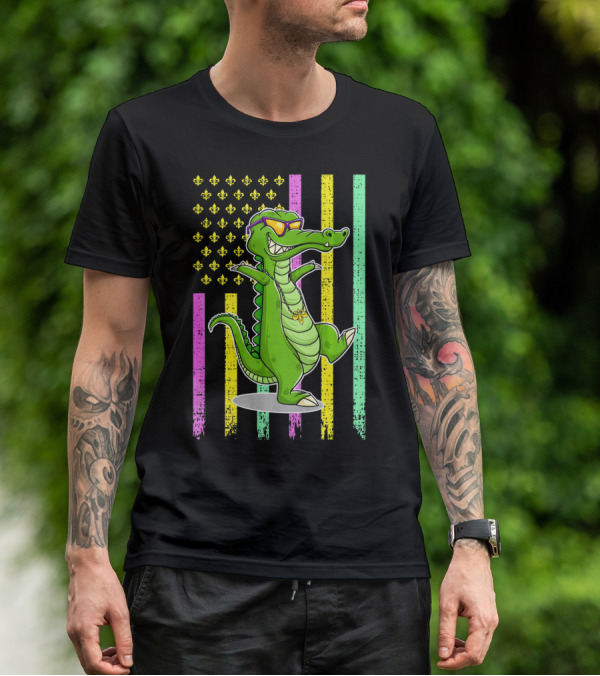 Mardi Gras Alligator With Sunglasses And Flag Background T-Shirt