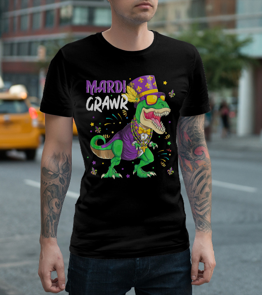 Mardi Grawr Rex Funny Dinosaur with Festive Hat and Beads T-Shirt