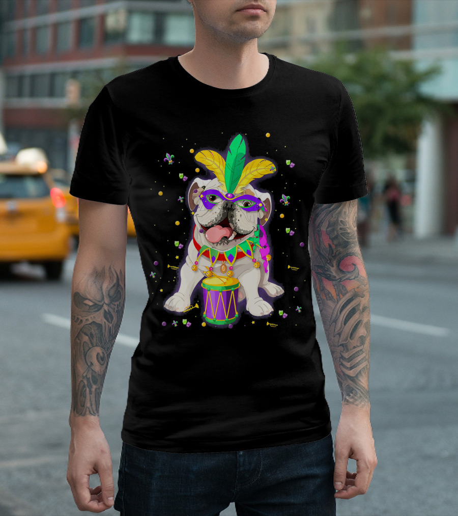 Mardi Gras Bulldog With Mask Beads And Drum T-Shirt