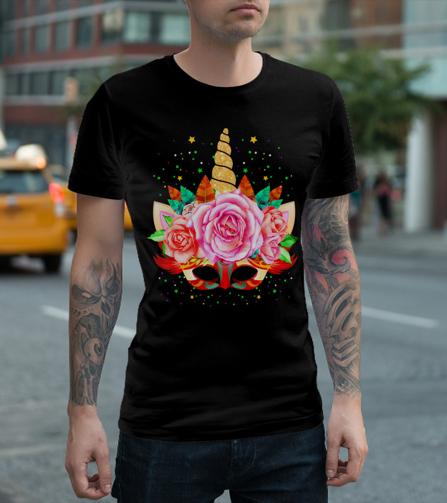 Mardi Gras Unicorn Mask with Roses and Feathers T-Shirt