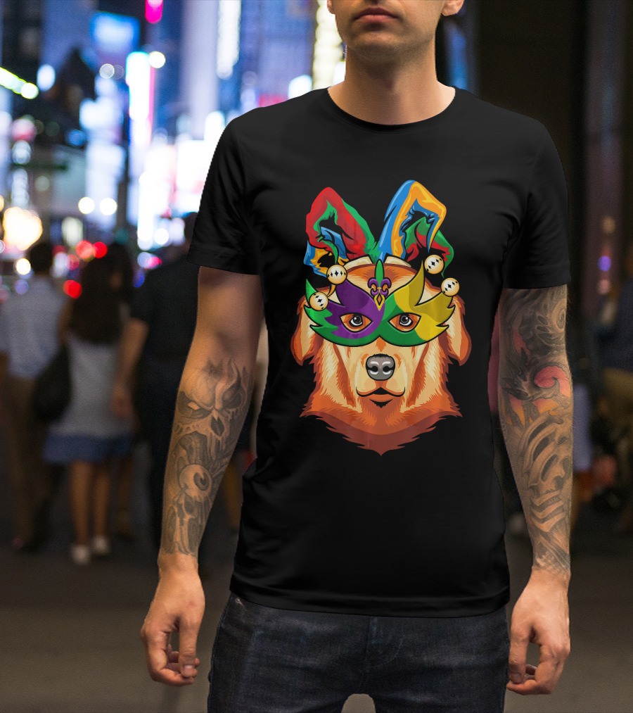 Golden Retriever Jester Mask Mardi Gras Beads Fleur-de-Lis T-Shirt