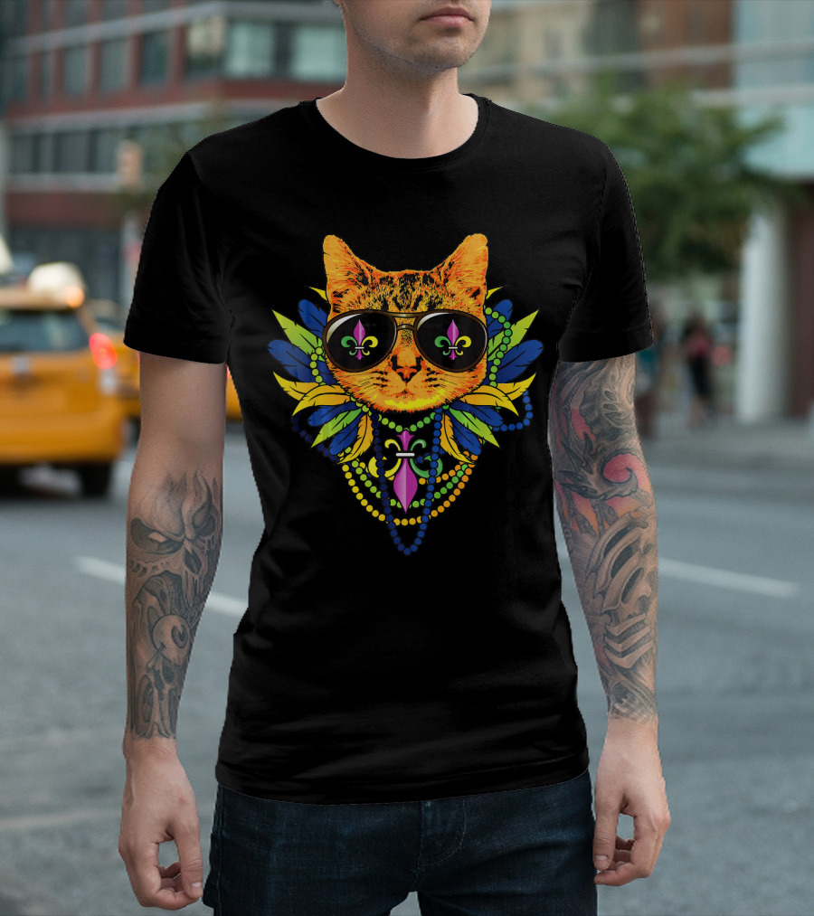 Mardi Gras Cat Cool Fat Tuesday Kittens Fleur De Lis Sunglasses Beads T-Shirt