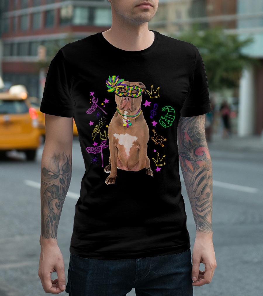 Pit Bull Mardi Gras Dog Mom Party Festive Mask Beads Crowns Music Notes T-Shirt