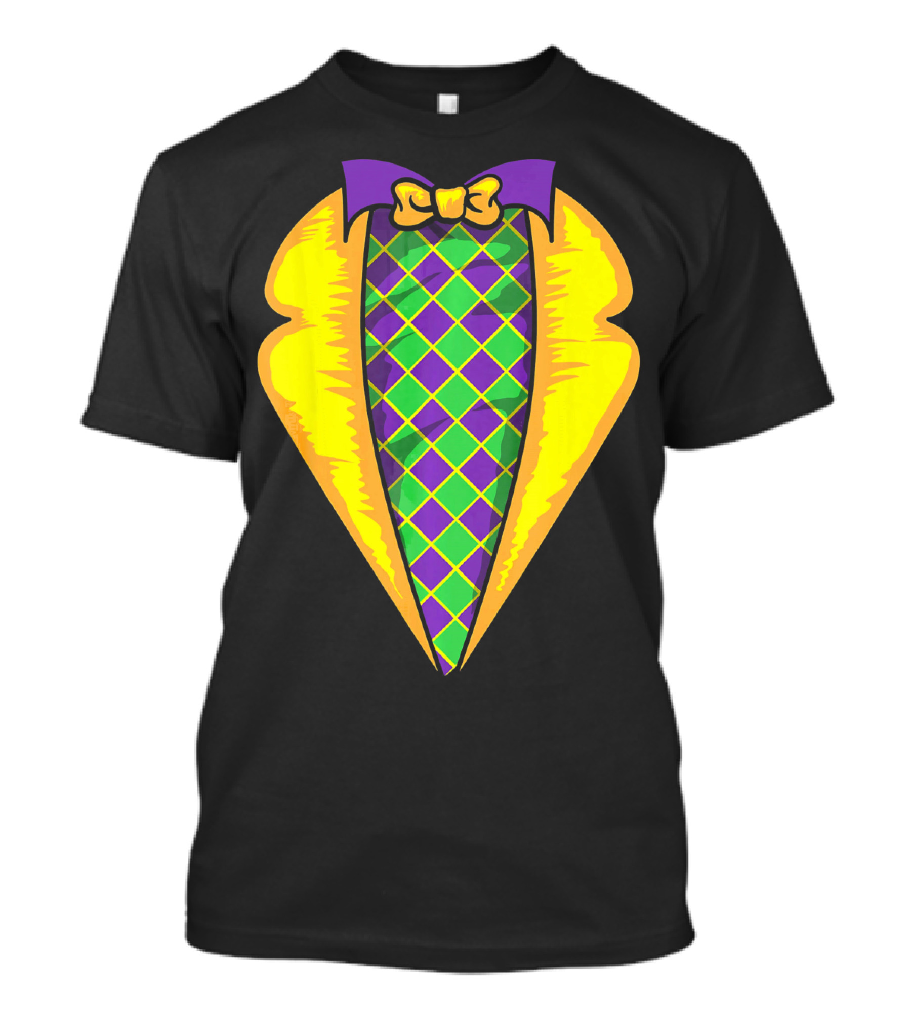 Mardi Gras Tuxedo Costume Yellow Purple Bow Tie Checker T-Shirt