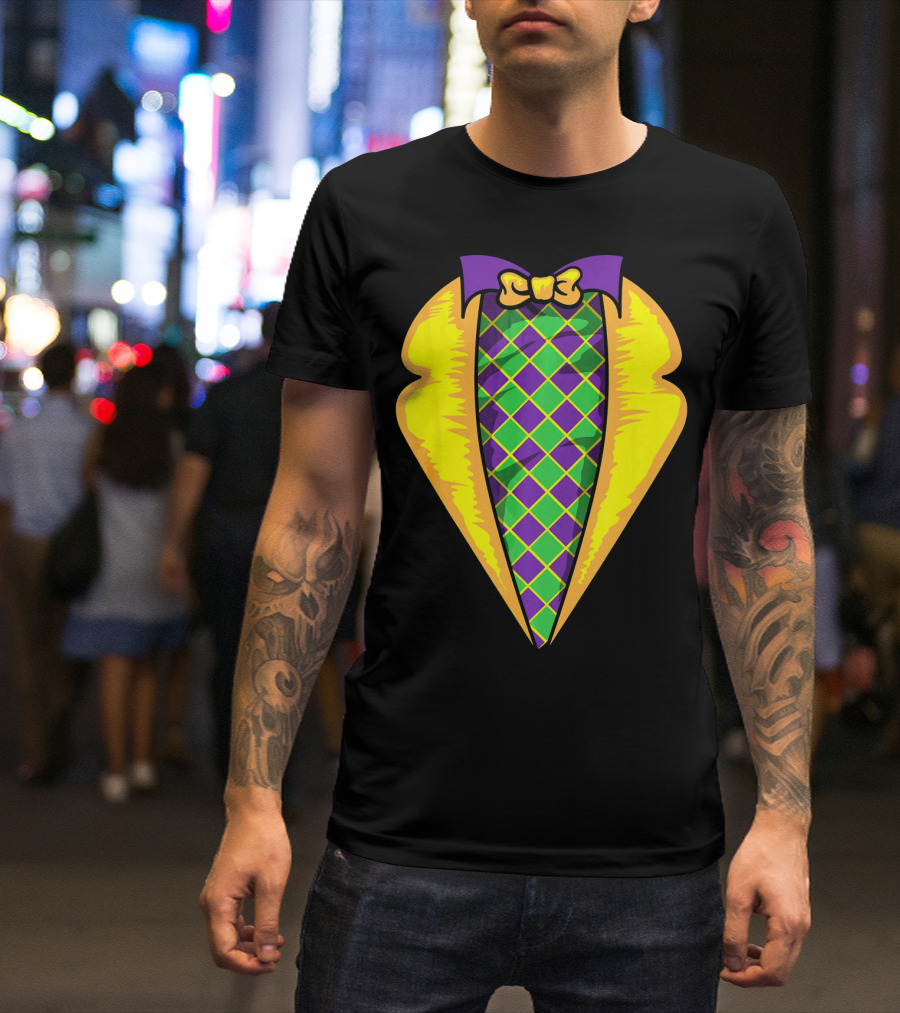 Mardi Gras Tuxedo Costume Yellow Purple Bow Tie Checker T-Shirt