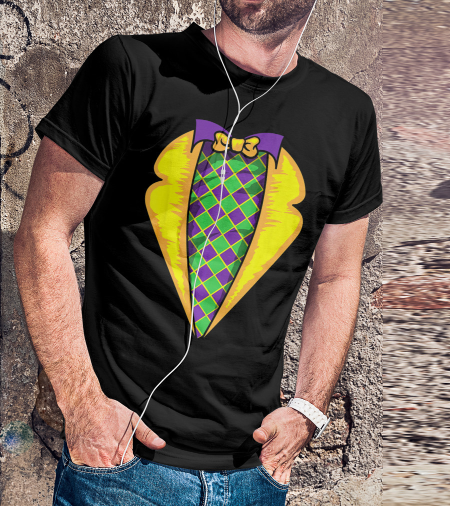 Mardi Gras Tuxedo Costume Yellow Purple Bow Tie Checker T-Shirt