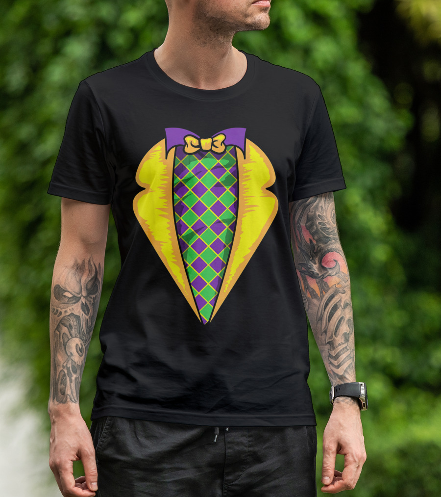 Mardi Gras Tuxedo Costume Yellow Purple Bow Tie Checker T-Shirt