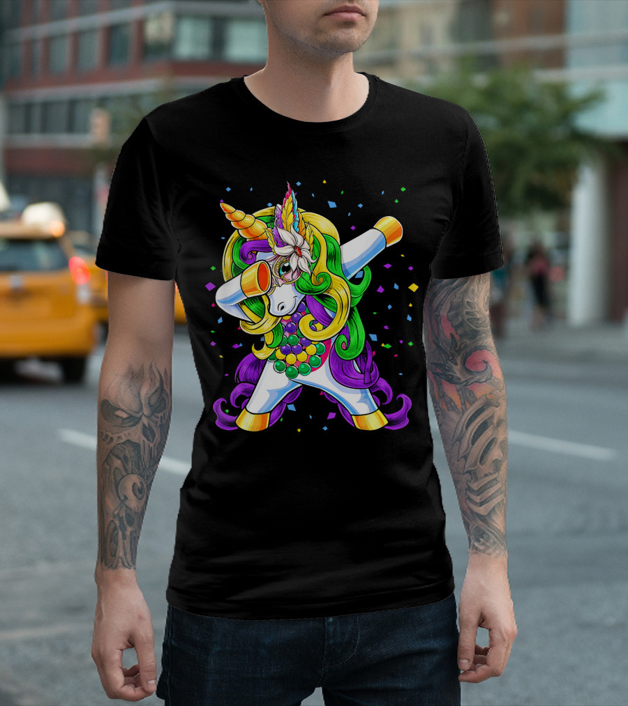 Dabbing Unicorn Mardi Gras Beads With Colorful Confetti T-Shirt