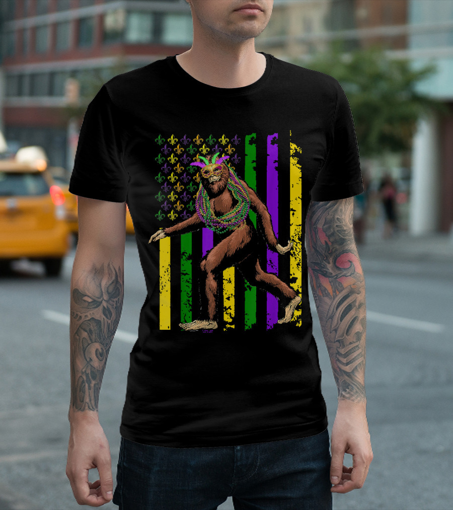Bigfoot Mardi Gras Beads Fleur-de-Lis American Flag Stripes T-Shirt