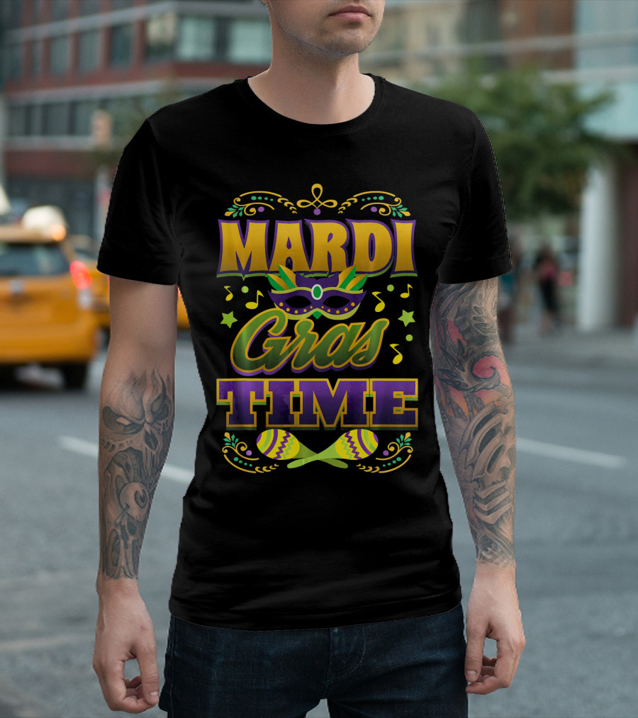 Mardi Gras Time Mask Music Notes Maracas T-Shirt