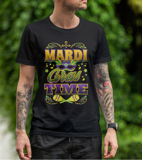 Mardi Gras Time Mask Music Notes Maracas T-Shirt