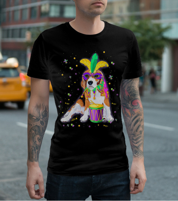 Mardi Gras Beagle In Mask With Feathers And Drum T-Shirt