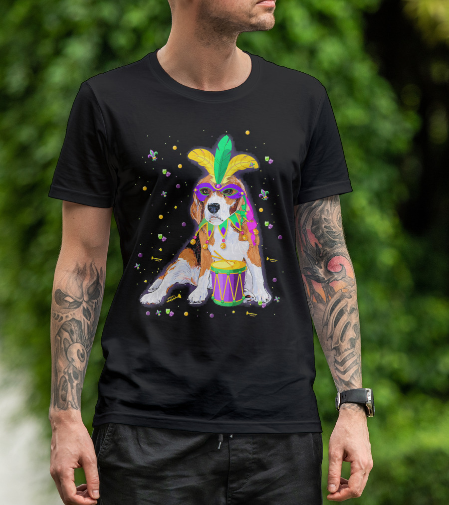 Mardi Gras Beagle In Mask With Feathers And Drum T-Shirt