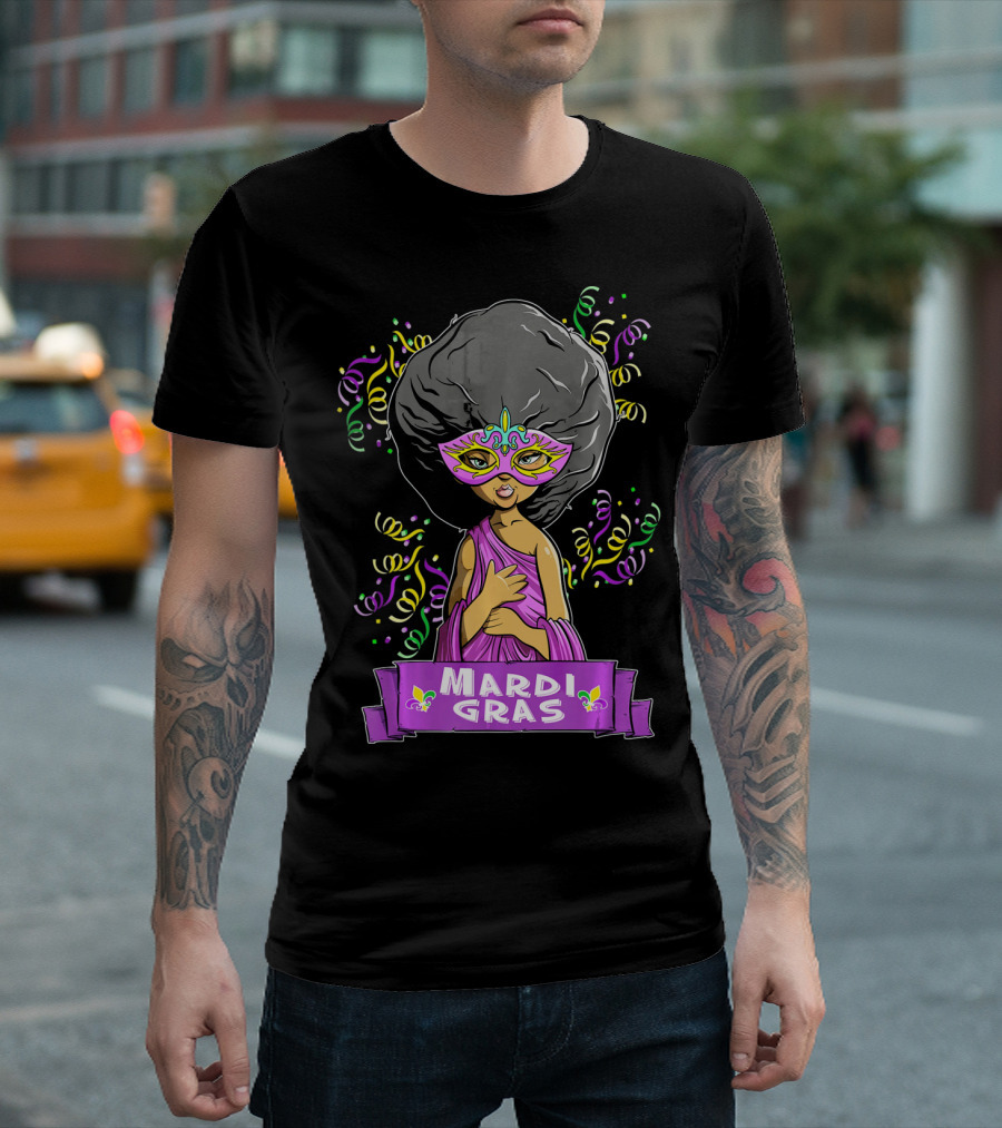 Mardi Gras Woman in Mask with Afro and Purple Dress T-Shirt