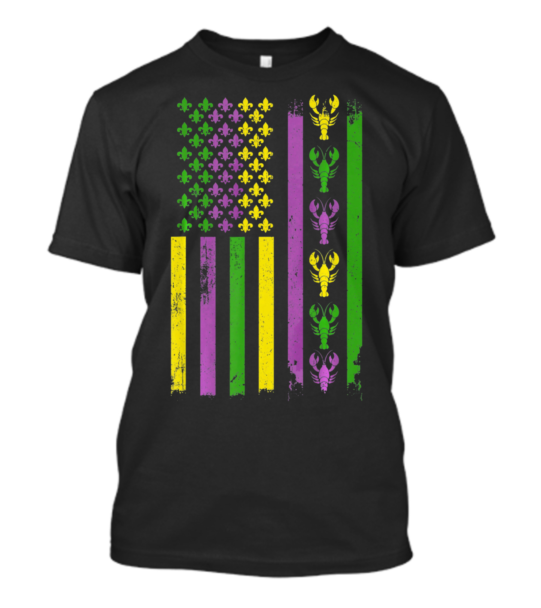 American Flag Mardi Gras Fleur-de-Lis Crawfish Stripes T-Shirt