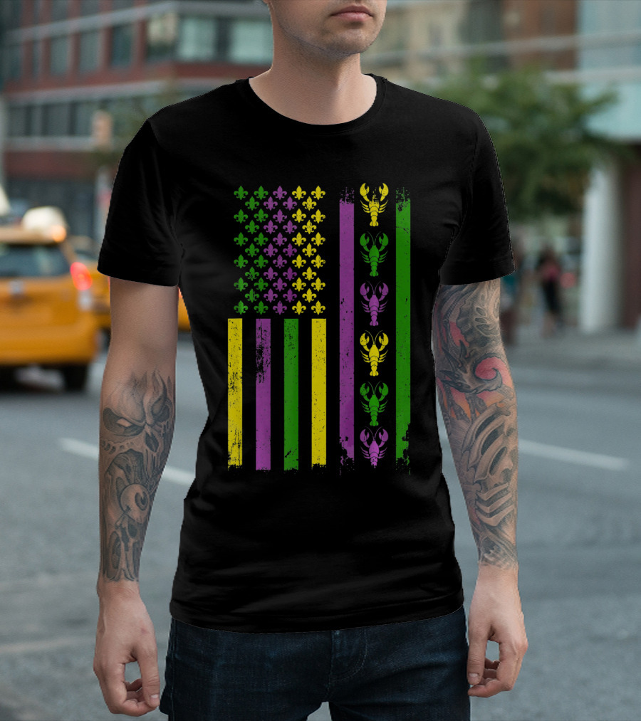 American Flag Mardi Gras Fleur-de-Lis Crawfish Stripes T-Shirt