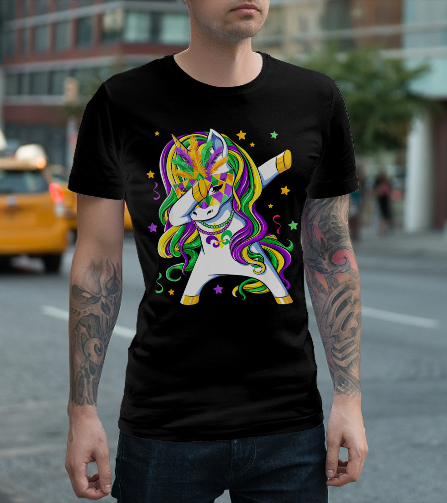 Dabbing Unicorn Mardi Gras Masquerade Beads Costume Carnival T-Shirt