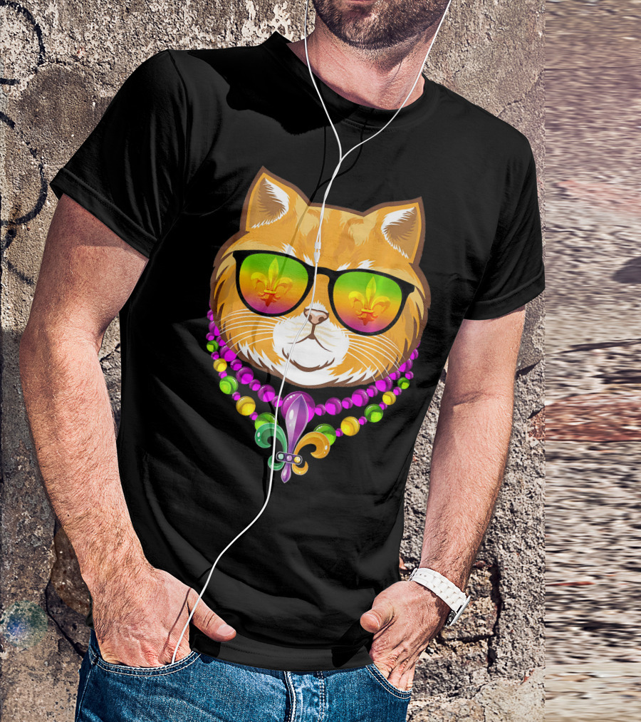 Mardi Gras Cat With Beads And Fleur-de-Lis Sunglasses T-Shirt